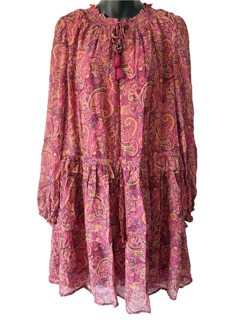 Frye Canyon Peasant Midi Dress Womens Medium Pink Red Paisley Tassel Tie Boho